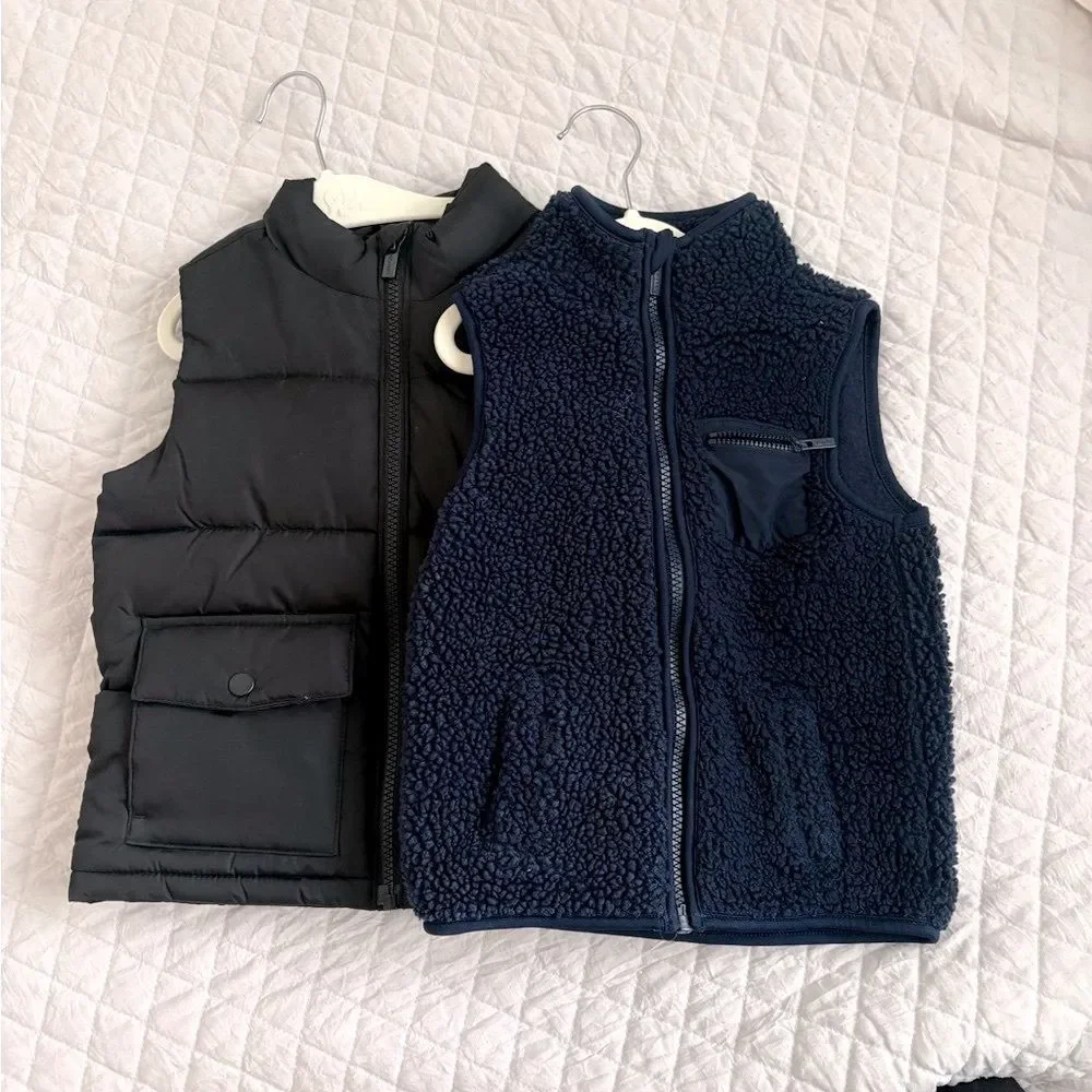 Old Navy Kids Black Puffer Vest + Navy Sherpa Vest Set